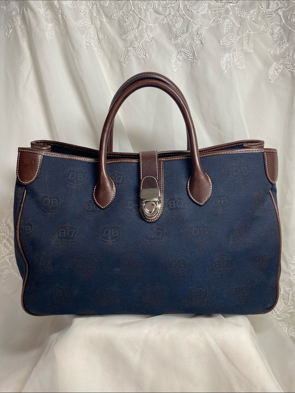 Dooney & Bourke Navy and Brown Leather Trim Tote